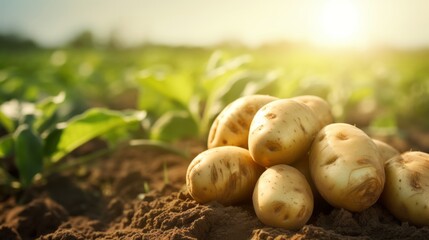 Fresh organic potatoes in the field, close up.with copy space for text - obrazy, fototapety, plakaty