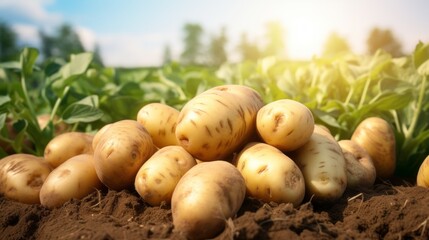 Fresh organic potatoes in the field, close up.with copy space for text