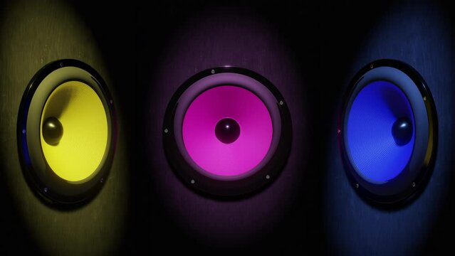 Colorful sound speakers inside the wooden subwoofer plays the beats of the dancing club music. Nightclub and night lifestyle concept. Party with the loud music and 