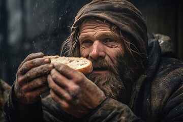 Homeless man with piece of bread sitting outdoor - obrazy, fototapety, plakaty
