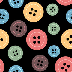 Needlework seamless pattern. For printing on paper or fabric. Raster allover print with colorful buttons on black background.  Crafting hobby