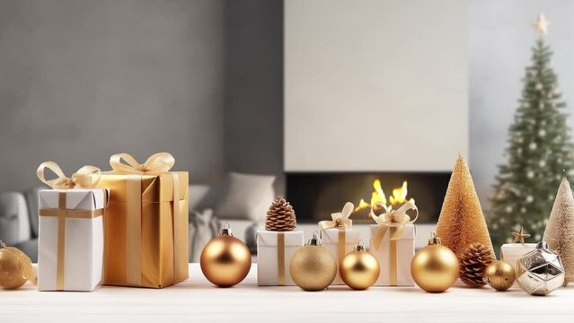 Panning camera near Christmas Tree and Gifts in a modern room