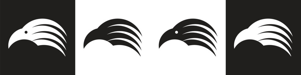 Bird of prey head logo design. Stylized eagle head symbol, simple minimal eagle sign. Collection of isolated graphic signs in two colors: black, white. Vector illustration.