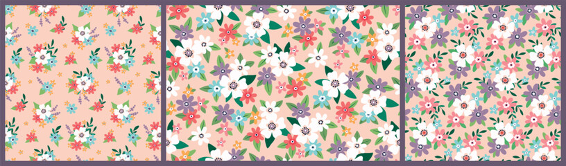 Fototapeta premium Seamless floral pattern, cute liberty ditsy print in a girly motif. Pretty botanical design collection in delicate spring colors: small hand drawn flowers, tiny leaves, simple bouquets on pink. Vector
