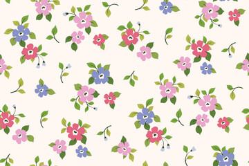 Seamless floral pattern, liberty ditsy print of pretty mini bouquets. Cute botanical design in a spring country motif: small hand drawn flowers, tiny leaves, twigs on white background. Vector pattern.