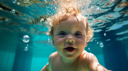 Fototapeta na wymiar baby swimming underwater in the swimming pool