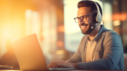 call center smiled working and providing service in front of pc computer screen.