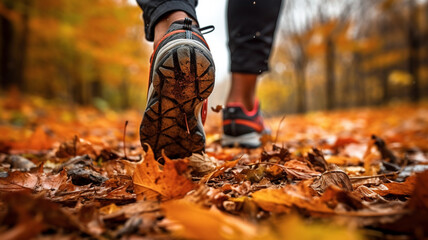 Feet of a jogger run up in autumn weather with leaves on the ground - obrazy, fototapety, plakaty