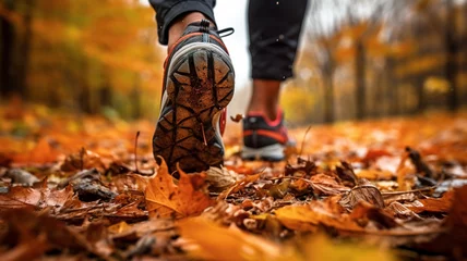 Poster Feet of a jogger run up in autumn weather with leaves on the ground © Yuwarin