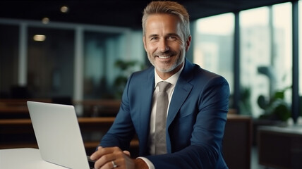 middle aged professional business man company executive ceo manager wearing suit sitting at desk in office working on laptop computer.