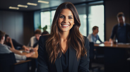 Young businesswoman smiles happily at conference room in office