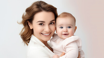 Portrait of happy mother embracing her baby girl isolated on white background.