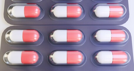 3d illustration of red and white pill capsules in silver blisters. The concept of the pharmaceutical business, the production of dietary supplements, vitamins, narcotic opioids, painkillers