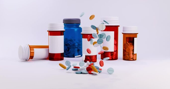 3d render animation multicolored pills of different shapes fall on the table bottles for medicines on the background. The concept of vitamins, painkillers, drug addiction