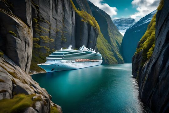 **cruise ship passes a narrow canyon of rock, one of the many natural wonders that can be found in norwegian fjords al generative-