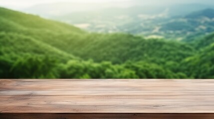 Wooden table against a forest backdrop