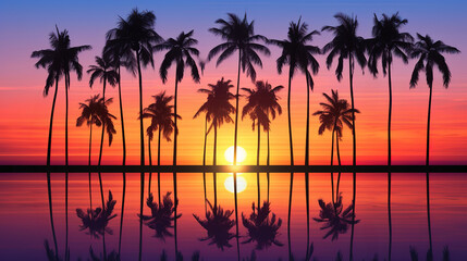 Fototapeta na wymiar Tropical Sunset with Palm Tree Reflections
