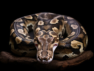Boa constrictor non-venomous snake with detailed brown scales, coiled on a wooden branch. - obrazy, fototapety, plakaty