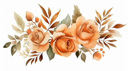 watercolor floral arrangements of brown and peach roses and leaves botanic decoration on white background