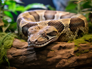 Boa constrictor non-venomous snake with detailed brown scales, coiled on a wooden branch.
