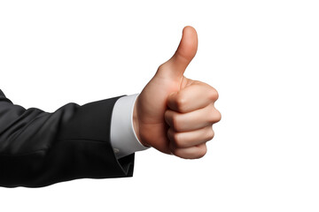 Close-up of a hand in a suit giving a thumbs-up, perfect for concepts of agreement, success, and approval on a transparent background.
