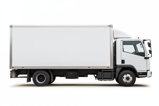 Pristine white delivery truck on a white background, angled view showcasing the cab and cargo area.