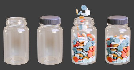 3d render illustration of multicolored round tablets falling and filling, empty, full, with a lid transparent jar.  The black cover.  The concept of a variety of dietary supplements and vitamins, medi