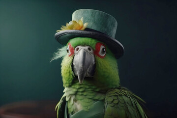 Mr green parrot gentleman in boss hat and scientist. AI generated