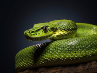 Fototapeta premium Detail of large green anaconda coiled on a rock, poised in its tropical habitat.