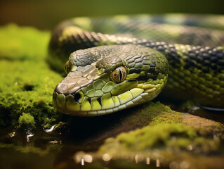 Fototapeta premium Detail of large green anaconda coiled on a rock, poised in its tropical habitat.