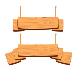 Wooden sign banner on ropes. Hanging board sign, advertising information board.