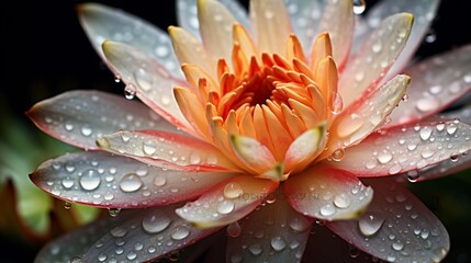 Close-up image capturing the delicate details of water droplets on the petals of a water lily, background image, AI generated