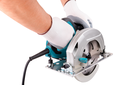 A worker holds a circular saw on a white background.
