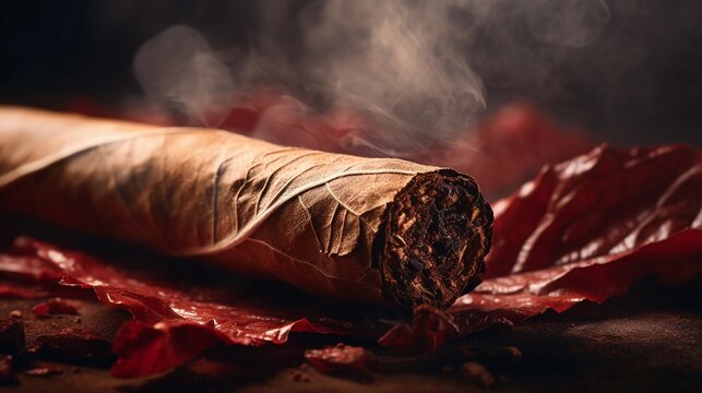 Close-up image showcasing the rich and textured details of the aged wrapper of a cigar, background image, AI generated