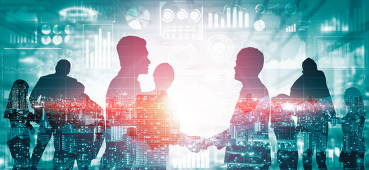 Double exposure image of many business people conference group meeting on city office building in...