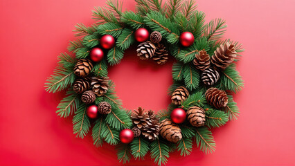 A Festive Christmas Wreath Adorned with Pine Cones and Ornaments