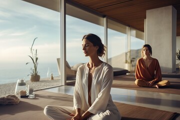 People women Yoga warm-up exercise in the room stylish interior of the house tranquility healthy woman balance harmony healthy makes