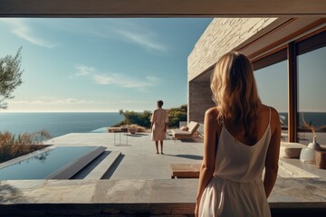 Stylish house hotel near the sea and people have a weekend vacation