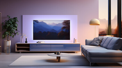 Flat Panel Television in a Modern Minimalist Livingroom. Modern Standing Lamp. Room Lighting