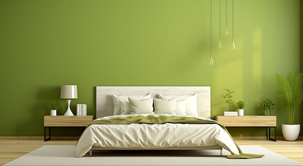 Fototapeta na wymiar Unwind in this soothing pastel green bedroom adorned with crisp, clean white and green pillows and blankets. A comfortable and refreshing style for your space. Generative AI.