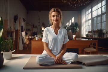 Fototapeta na wymiar Lotus pose healthy woman balance harmony calm healthy doing yoga exercise in a bright interior room