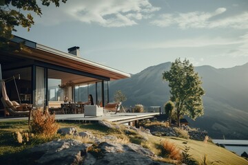 Country stylish modern house in the mountains with a beautiful view.