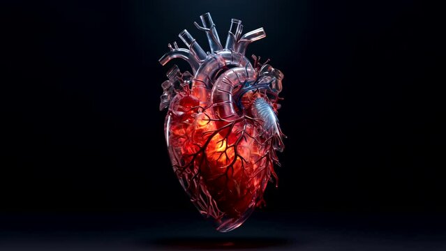 Artistic biological model of a beating heart on a black background. Loop video. One minute, 2k