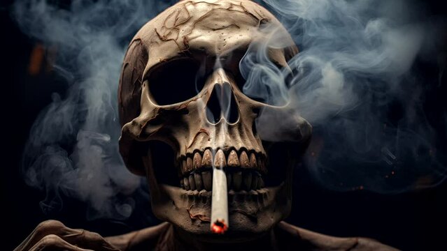 Skeletor is smoking a cigarette. Animated smoke. Unhealthy lifestyle concept. Loop video. One minute, 2k