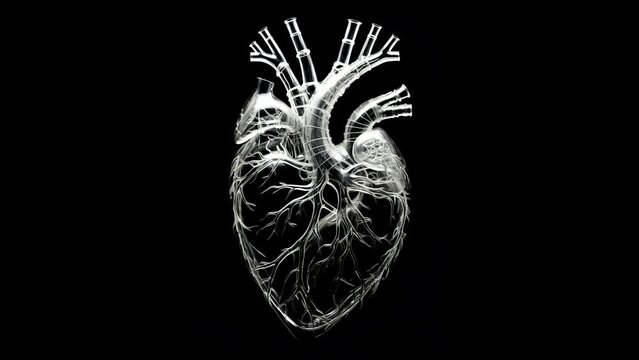 Artistic biological model of a beating heart on a black background. Loop video. One minute, 2k