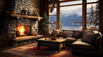 warm and cozy a rustic living room with fireplace in winter log cabin, christmas and winter time - obrazy, fototapety, plakaty