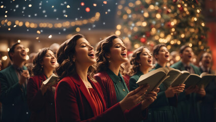 An abstract depiction of a choir singing carols amidst shimmering bokeh lights, capturing the joyous spirit of a festive musical celebration.