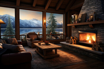 warm and cozy a rustic living room with fireplace in winter log cabin, christmas and winter time