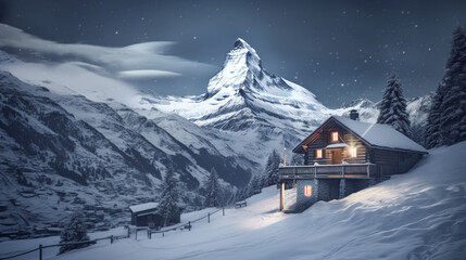 Fototapeta premium Magical Winter Wonderland in the Mountains Snowfall Christmas Time and Advent in the Evening and in the Morning Calm and Bright Wallpaper Background Cover Poster Greetings Card Digital Art