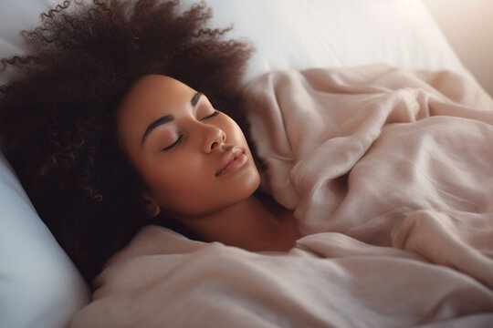 Close up of an elegant black woman with curly hair, peacefully asleep in her bed, eyes gently closed in serene slumber. Generative AI.